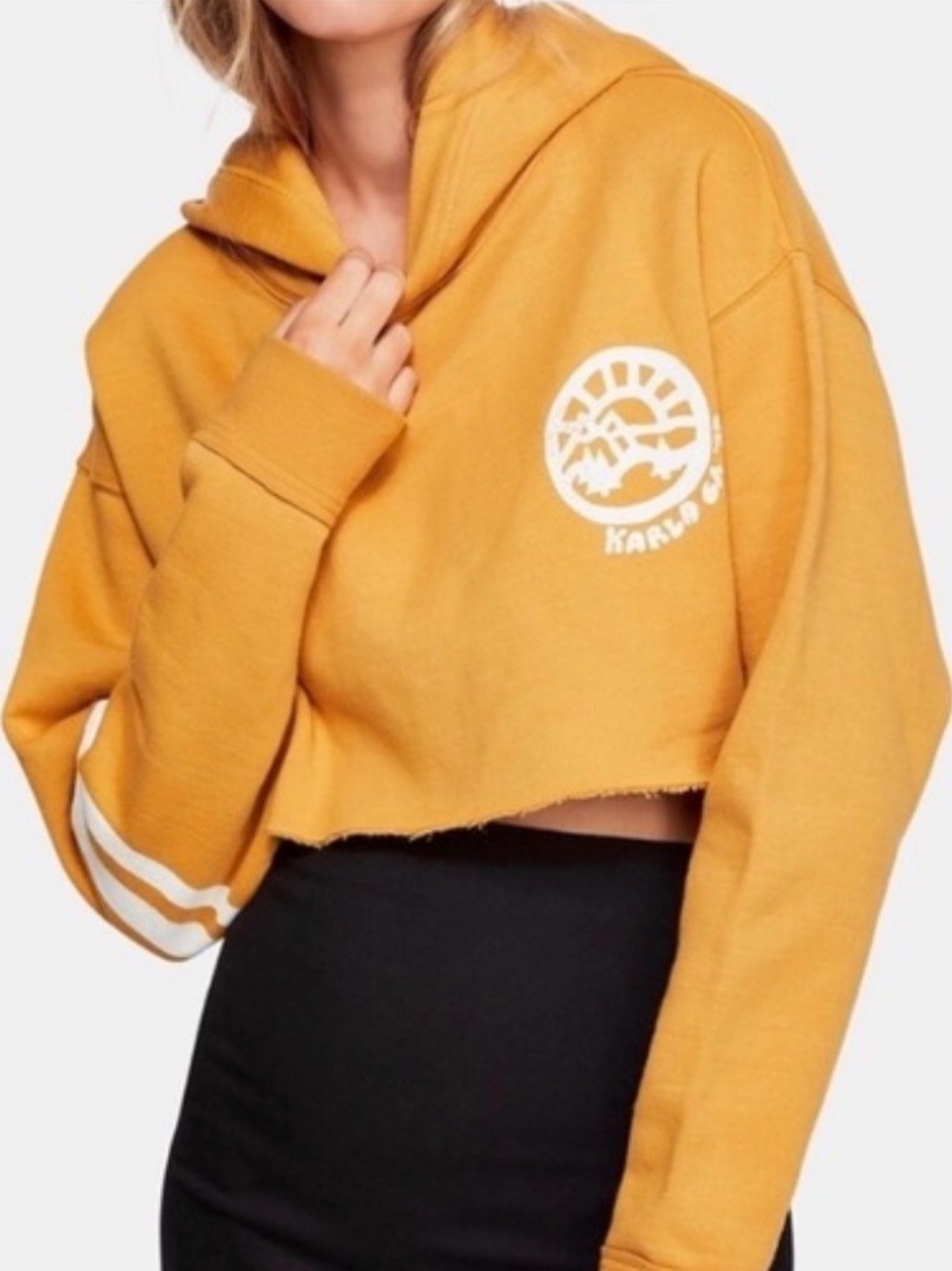 Free People Baldwin Cropped Graphic Hoodie, Large, Yellow mustard